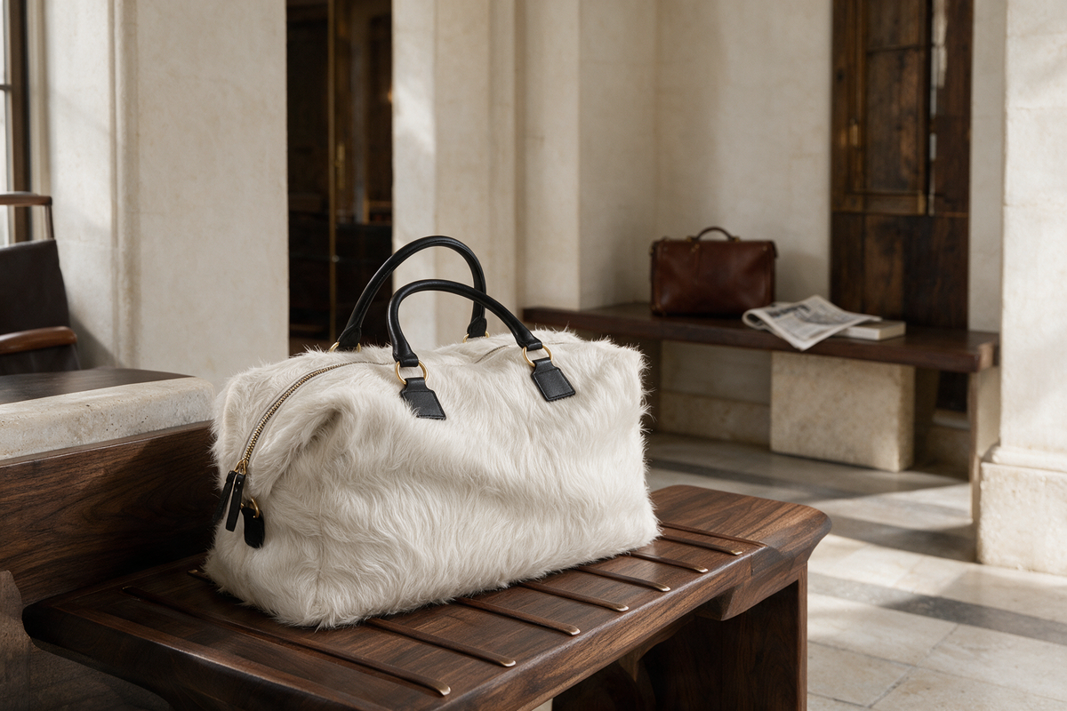 White cowhide weekender bag with black leather handles in a luxury hotel interior