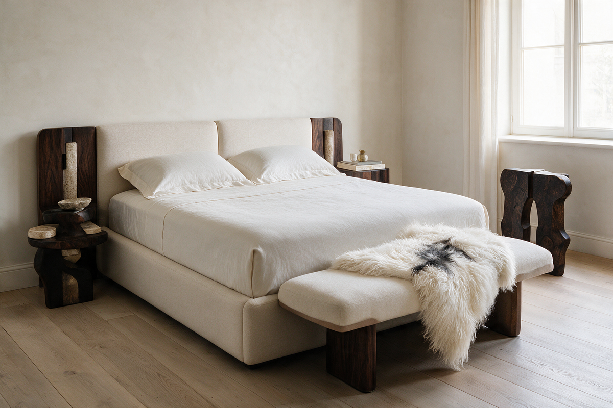 Natural white and gray Icelandic sheepskin rug draped over a bench in a modern neutral bedroom.