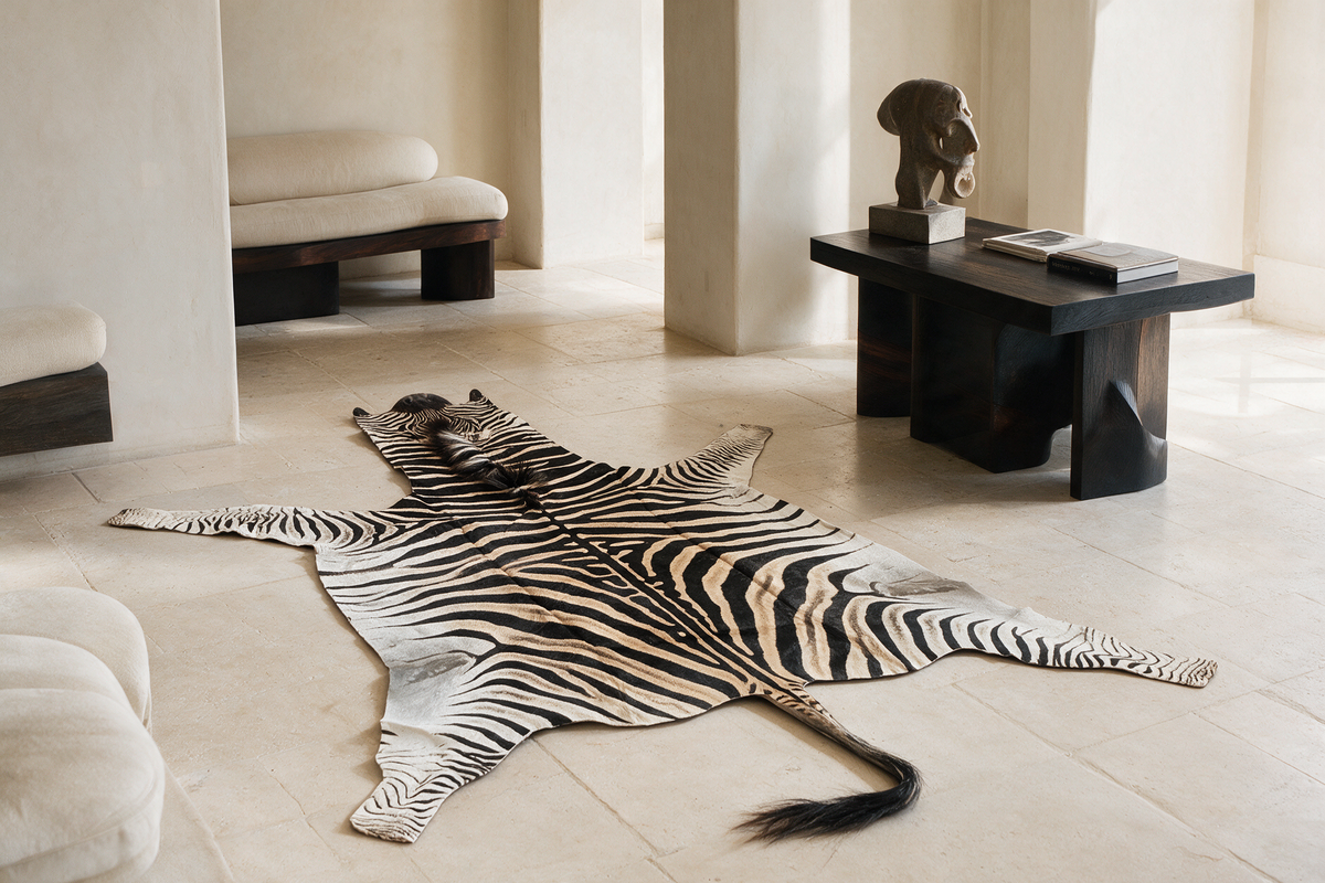 Authentic zebra hide rug styled in a contemporary neutral interior with dark wood furniture.