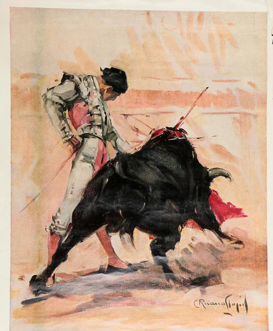 Close-up of matador and black bull illustration on the vintage Caletilla poster, showing muted peach tones and aged paper.