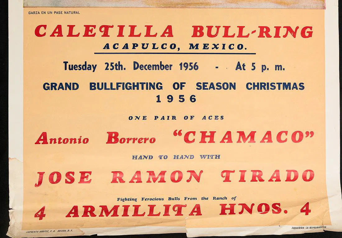 Caletilla poster lettering advertising December 25, 1956, with visible creases, tears, and paper loss along the bottom edge.