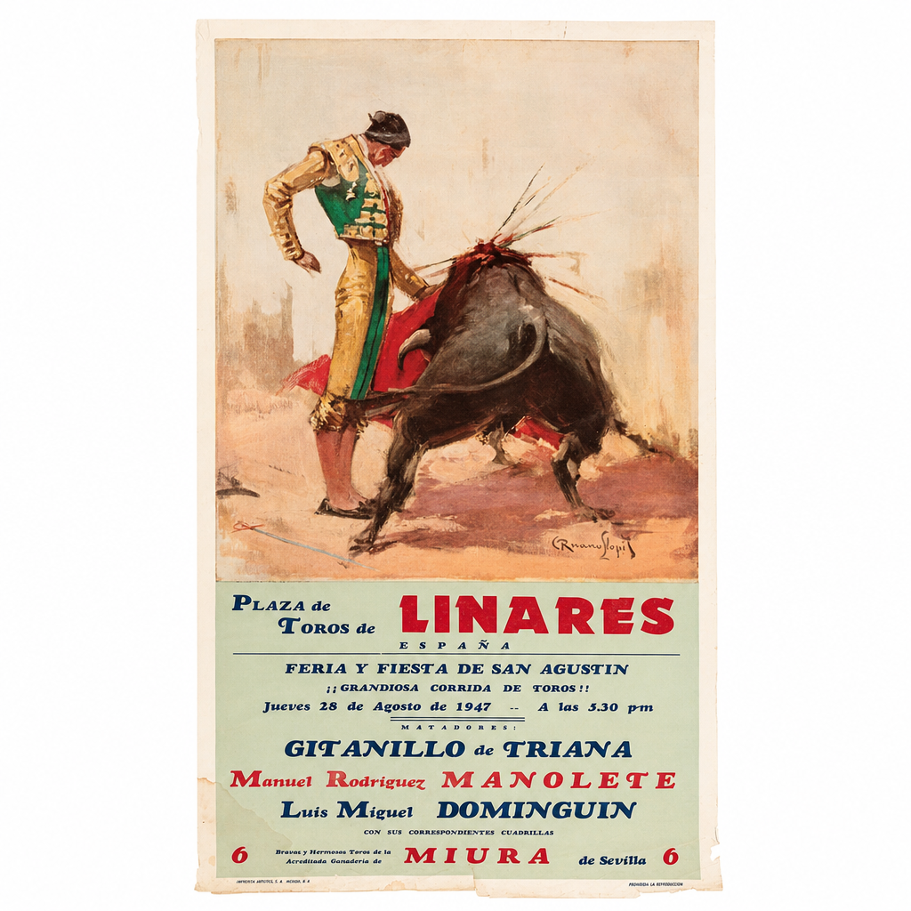 Vintage Linares bullfighting poster advertising a 1947 event in Spain, with green-and-gold matador artwork and a pale green text panel.
