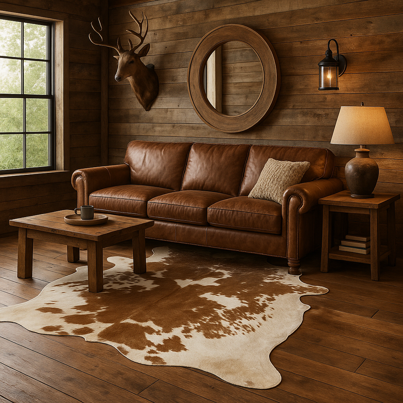 Cozy living room with brown leather sofa, cowhide rug, and deer head mount on wall.