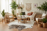 brindle cowhide rug staged in a living room