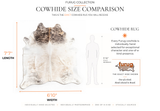 A size comparison graphic for a furug cowhide rug, showing a real cowhide rug with dimension lines indicating 7'7" length and 6'10" width, alongside a human silhouette and a smaller inset photo of a selected furug rug.