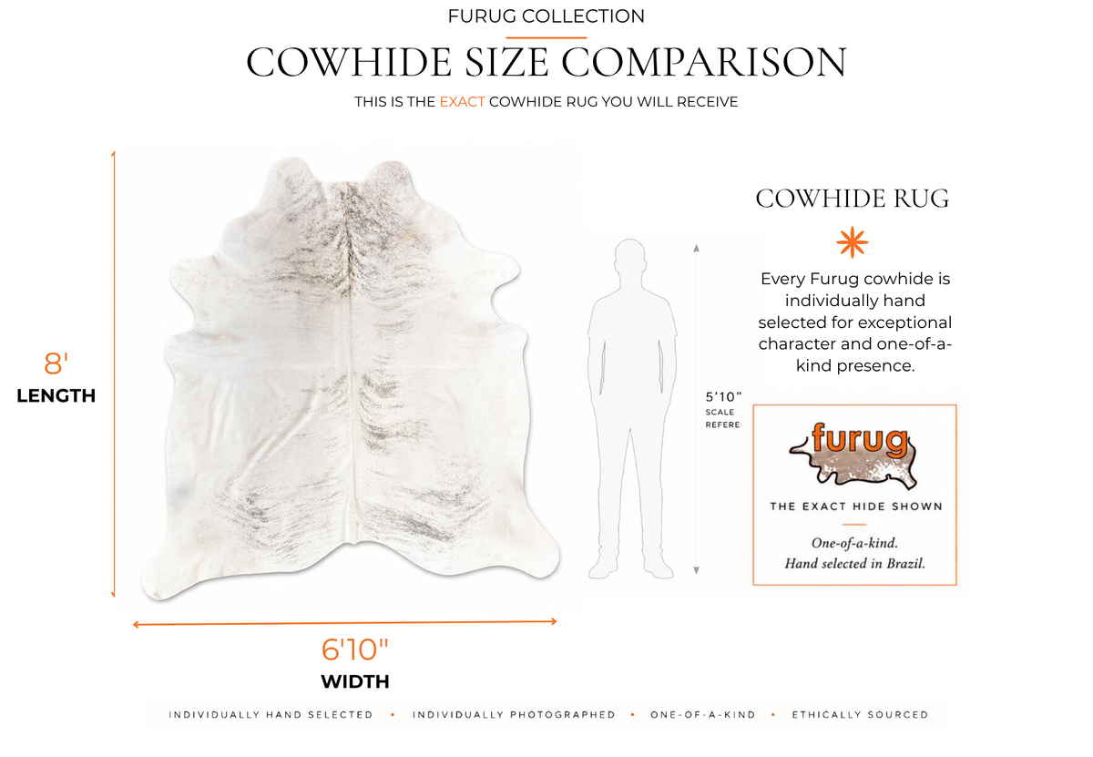 A size comparison graphic for a furug collection cowhide rug, showing a white cowhide rug silhouette with labeled dimensions of 8' length and 6'10" width, alongside a human silhouette and explanatory text about hand selection.