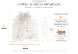 A size comparison graphic for a furug collection cowhide rug, showing a white cowhide rug silhouette with labeled dimensions of 8' length and 6'10" width, alongside a human silhouette and explanatory text about hand selection.
