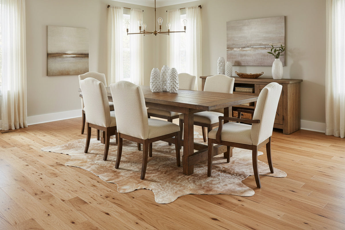Dining room with cowhide rug, wooden table and chairs on a wooden floor