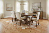 Dining room with cowhide rug, wooden table and chairs on a wooden floor