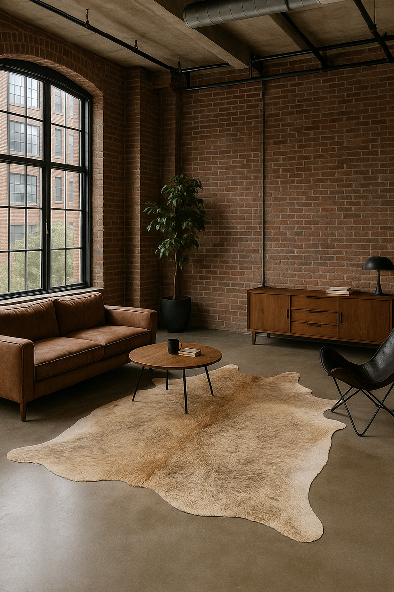Modern living room with brown leather sofa, round wooden coffee table, and cowhide rug on concrete floor.