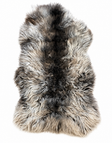Glacier Ridge Heidschnucke sheepskin rug in natural gray and black tones
