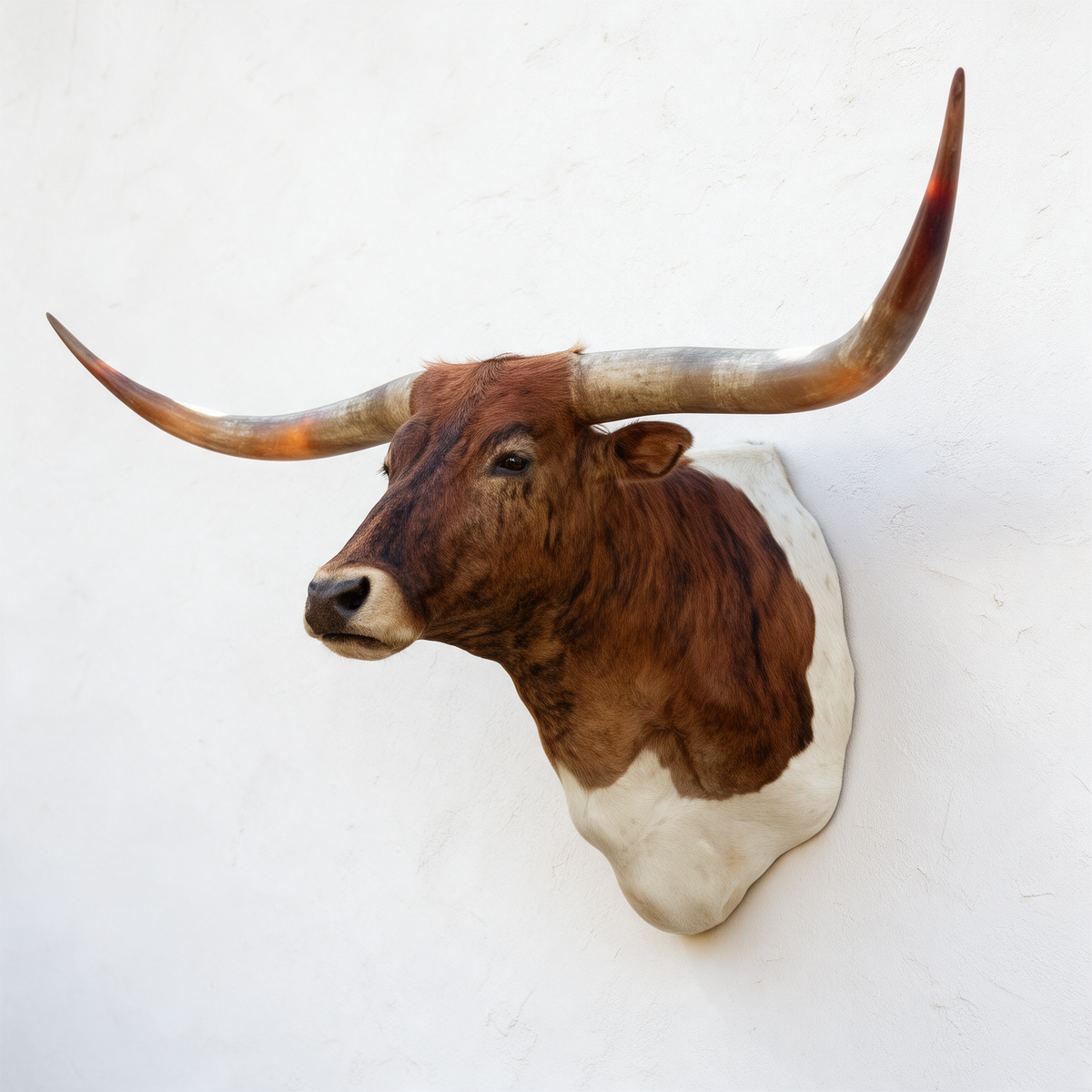 Texas Longhorn shoulder mount viewed from the left with amber-toned horns and white shoulders