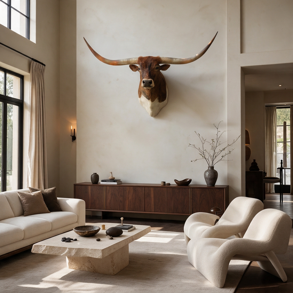 Large Texas Longhorn shoulder mount displayed high on a wall in a luxury contemporary living room
