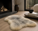 Luxury long wool sheepskin rug styled in modern minimalist living room