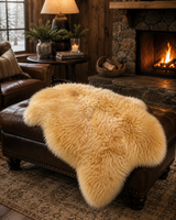 Luxury Coburg Fox sheepskin rug draped over leather ottoman