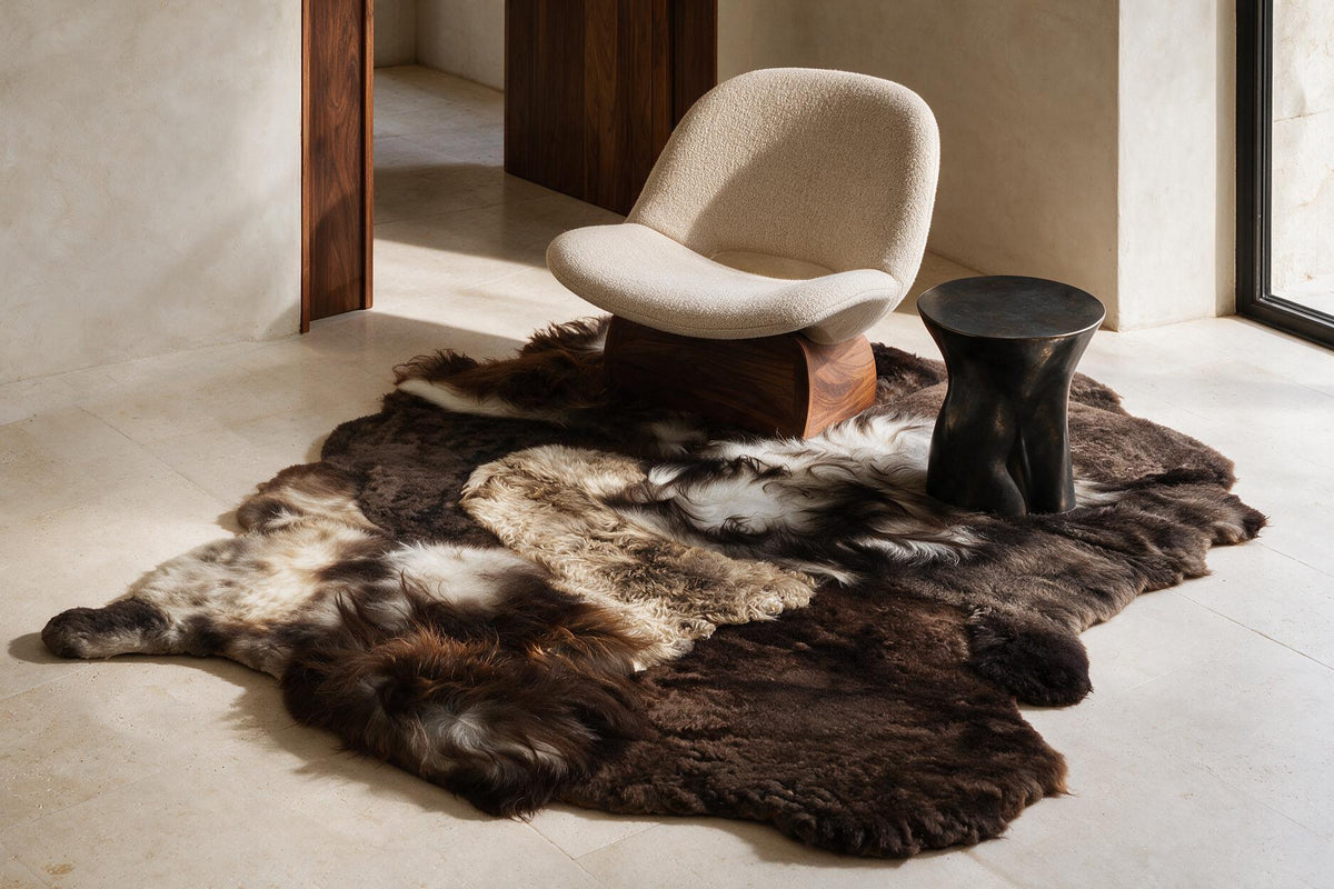 Brown and black multi-pelt Icelandic sheepskin rug in a luxury contemporary interior