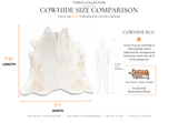 A size comparison graphic for a cowhide rug showing a real cowhide rug and a small human silhouette to indicate scale. The image includes dimensions labeled 7'8" length and 7'1" width, with text stating this is the exact cowhide rug you will receive and a small inset labeled 'The Exact Hide Shown'.