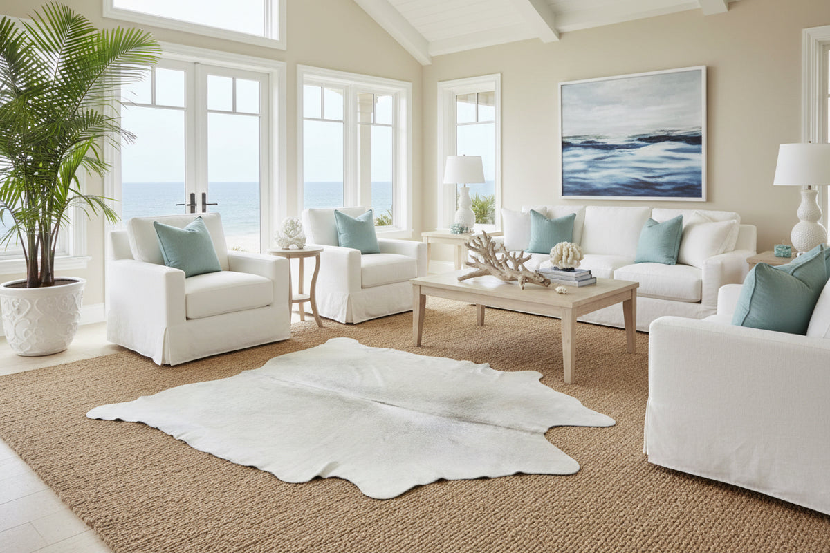 staged gray cowhide rug in beach home