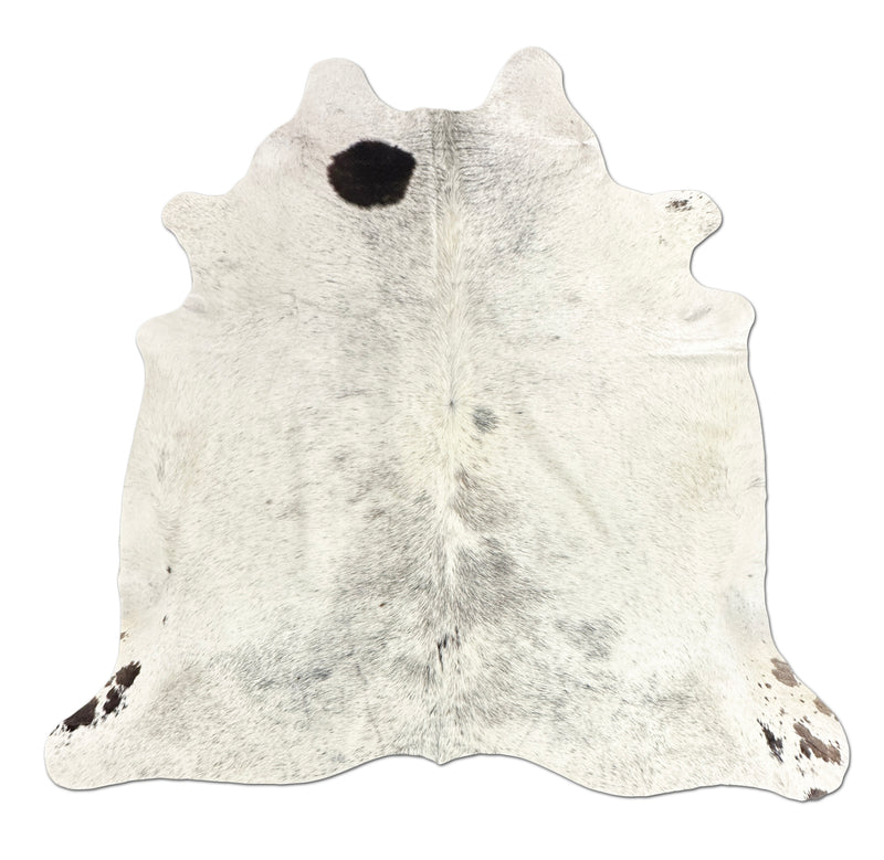 White cowhide rug with black spots on a white background