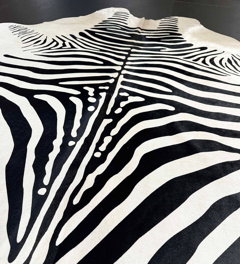 stenciled zebra cowhide rug