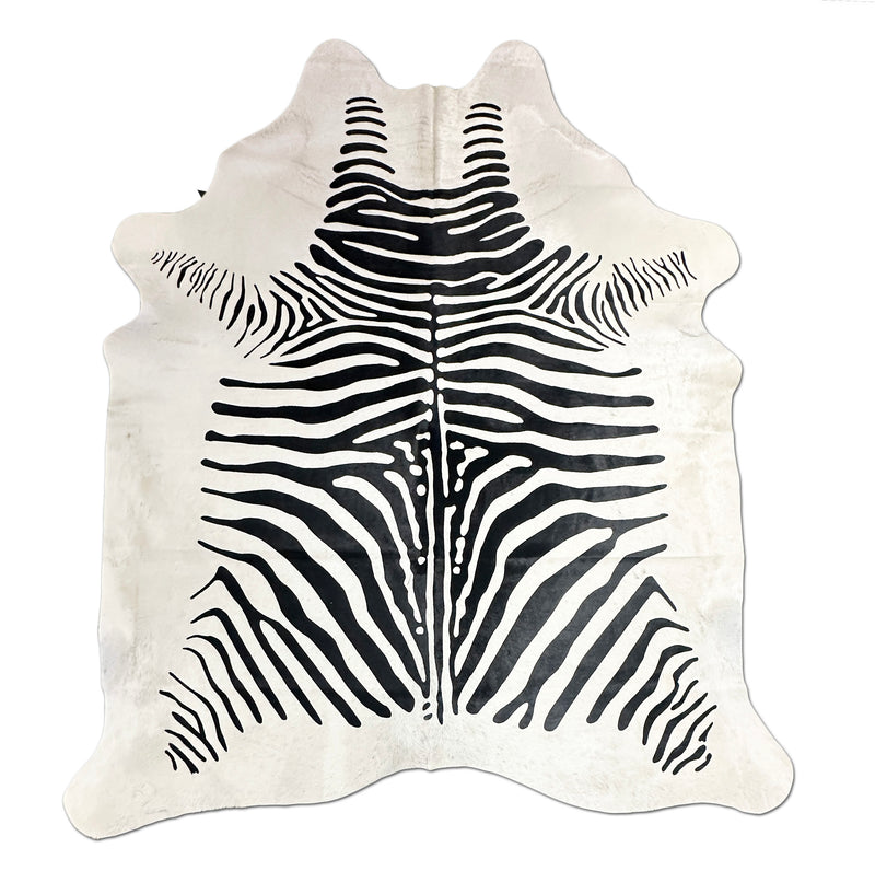 Stenciled Zebra On White Cowhide Rug