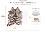 A size comparison infographic for a Furug collection cowhide rug, showing a zebra-print cowhide rug with dimension labels (6'7" length, 5'4" width) alongside a white human silhouette and a small inset photo of the Furug logo.