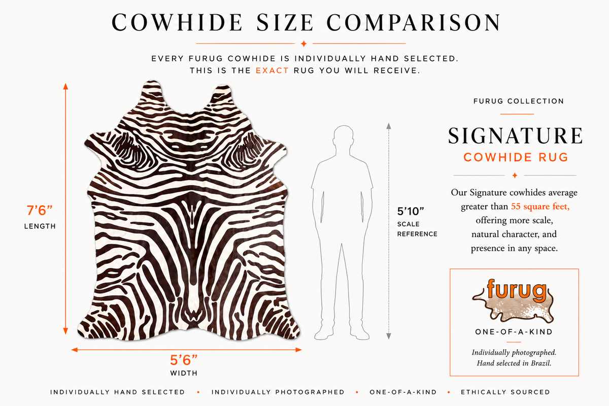 A size comparison infographic for a furug cowhide rug. It shows a real zebra-patterned cowhide rug on the left with dimension labels for 7'6" length and 5'6" width, next to a white human silhouette labeled 5'10" scale reference.