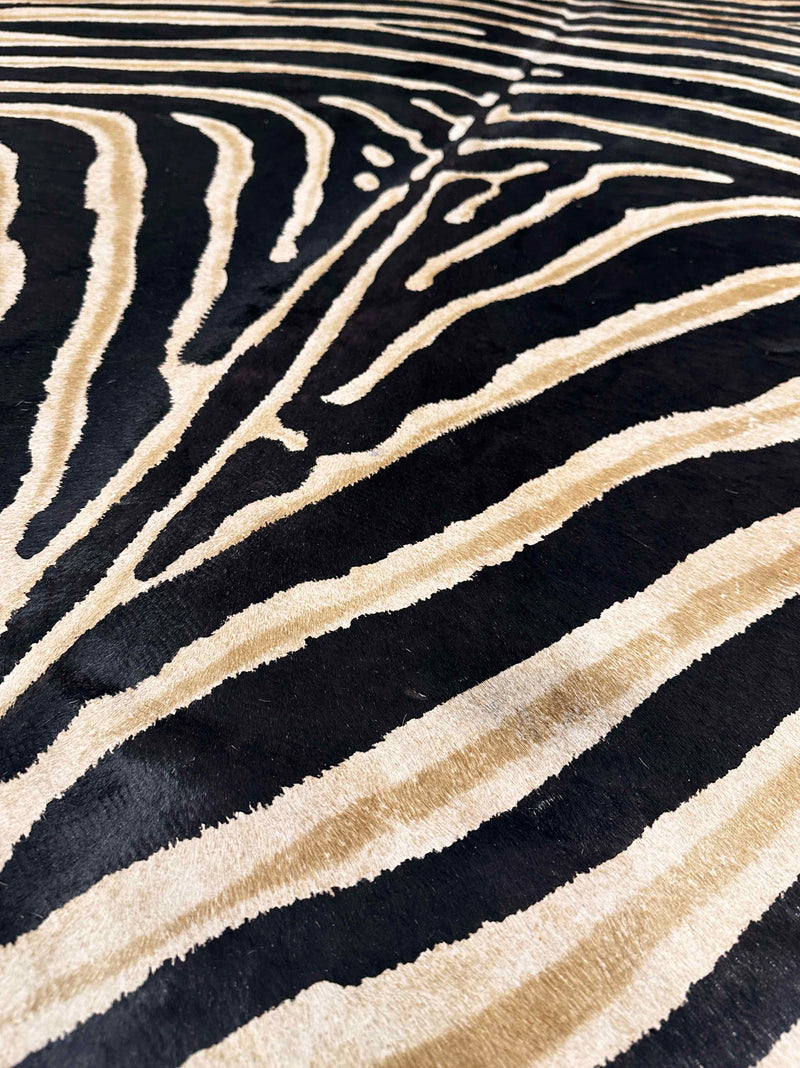 Stenciled Brown & Black Zebra On White Cowhide Rug
