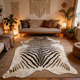Zebra print cowhide rug in a living room with decor elements