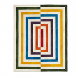 One-of-a-kind 8-foot by 10-foot multicolor stitched cowhide rug with nested geometric bands