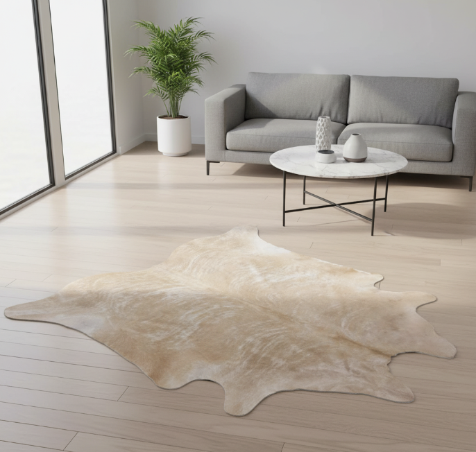 Beige cowhide rug on a wooden floor with a modern living room setting.
