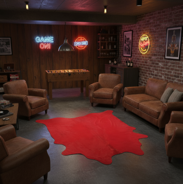 Game room with cowhide rug, neon signs, foosball table, and brown furniture.