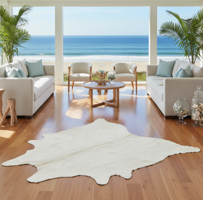 Modern living room with ocean view, white sofa, and cowhide rug.