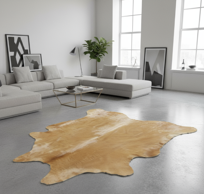 yellow cowhide rug on concrete floor