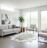 green stenciled zebra cowhide rug in modern living room

