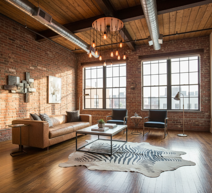 Modern living room with brick walls, wooden floor, and large windows cowhide rug.