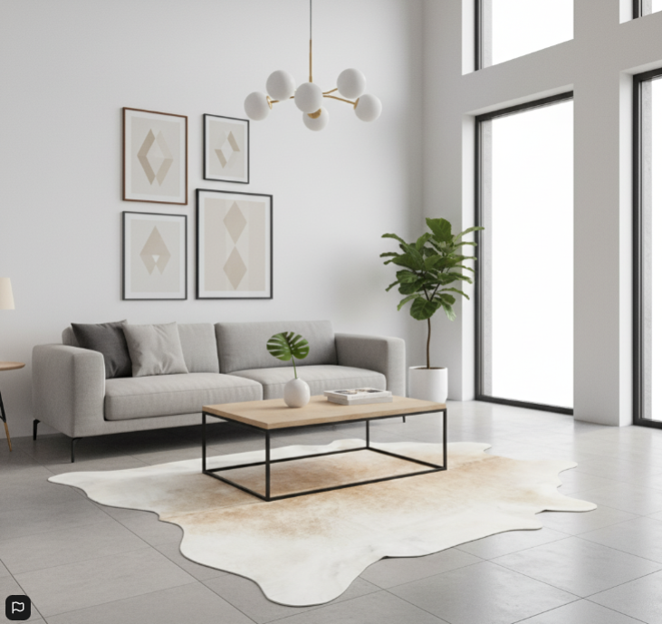 Modern living room with gray sofa, cowhide rug, wooden coffee table, and large windows.