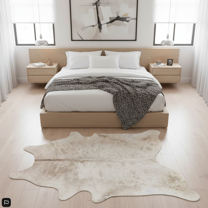 Modern bedroom with a cowhide rug on the floor.