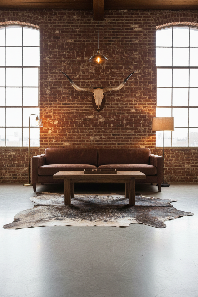 tri-color cowhide rug in a loft style space