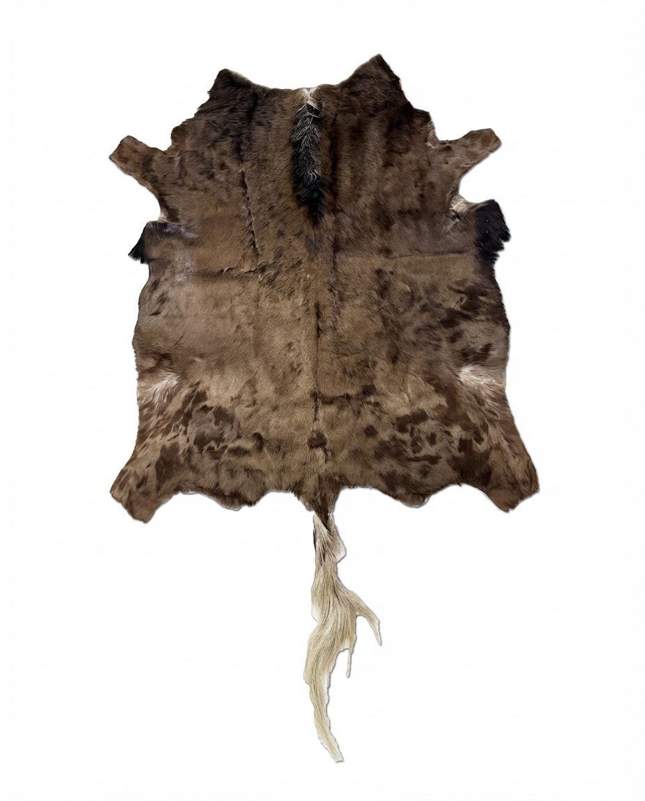 Authentic African black wildebeest hide with dark brown fur and long pale tail