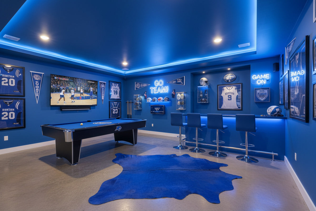 blue cowhide rug staged in a game room