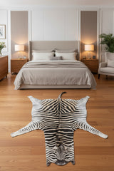 genuine zebra hide rug in a bedroom