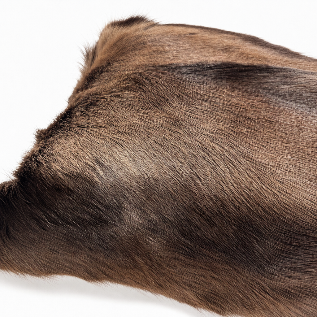 Close-up of genuine black springbok fur showing natural taupe and chocolate brown markings