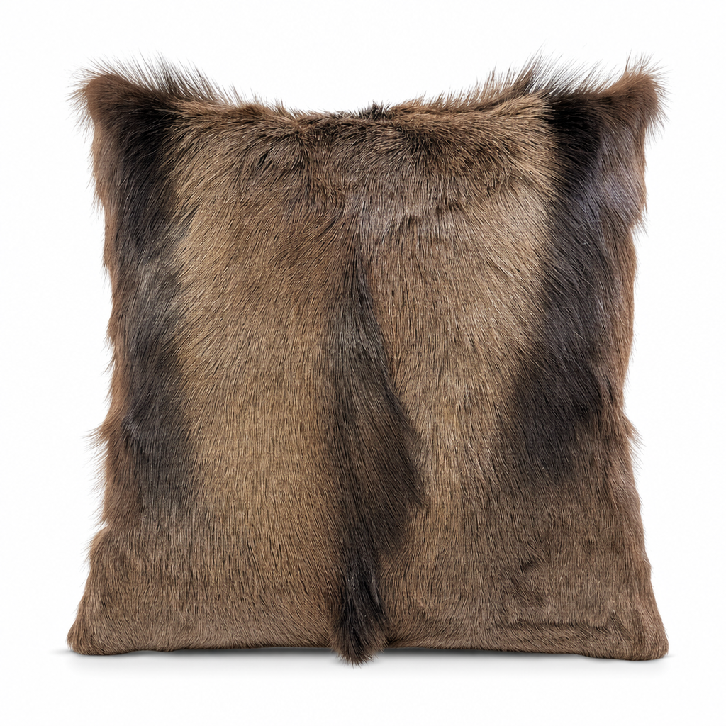 Natural black springbok hide pillow with smoky brown fur and dark markings, 17 x 17 inches