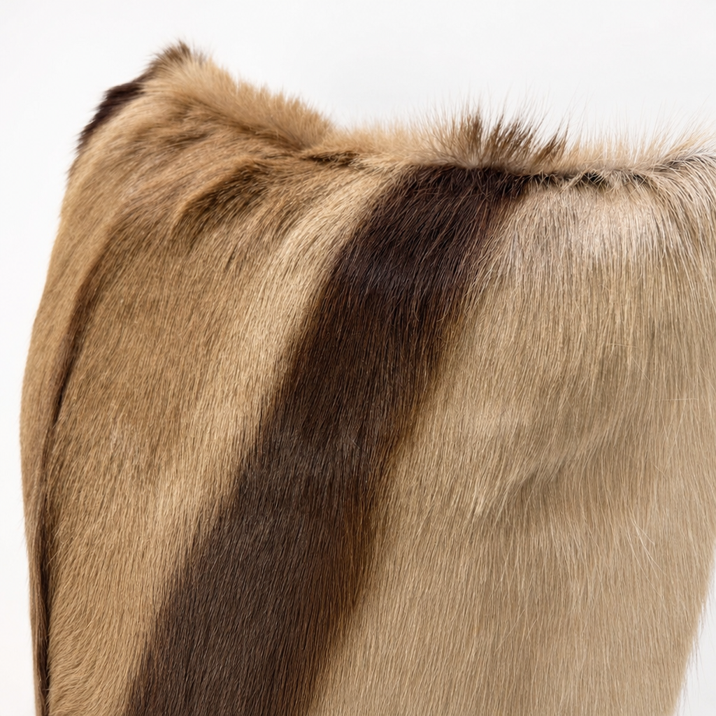 Close-up of genuine copper springbok fur showing individual hairs, champagne-tan coloring, and distinctive dark chocolate-brown markings.