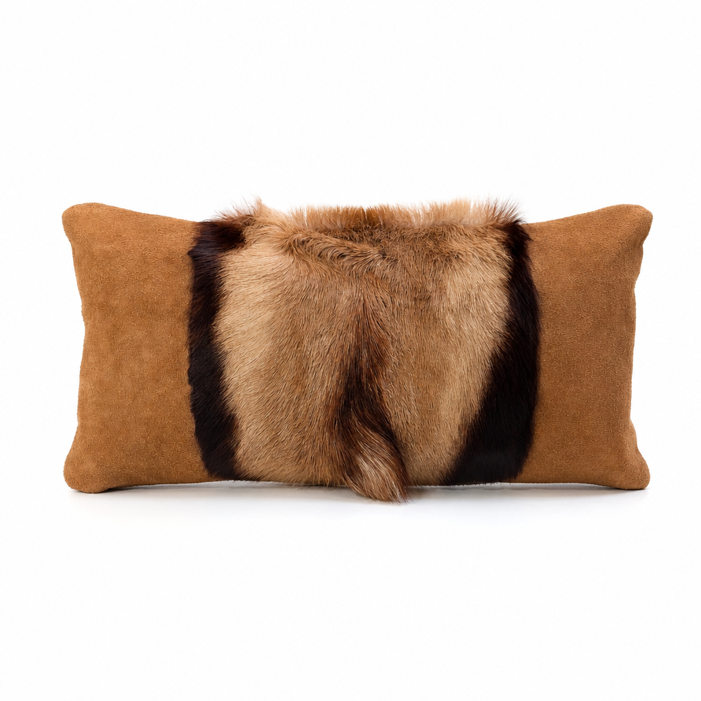 African copper springbok hide lumbar pillow with cognac suede panels