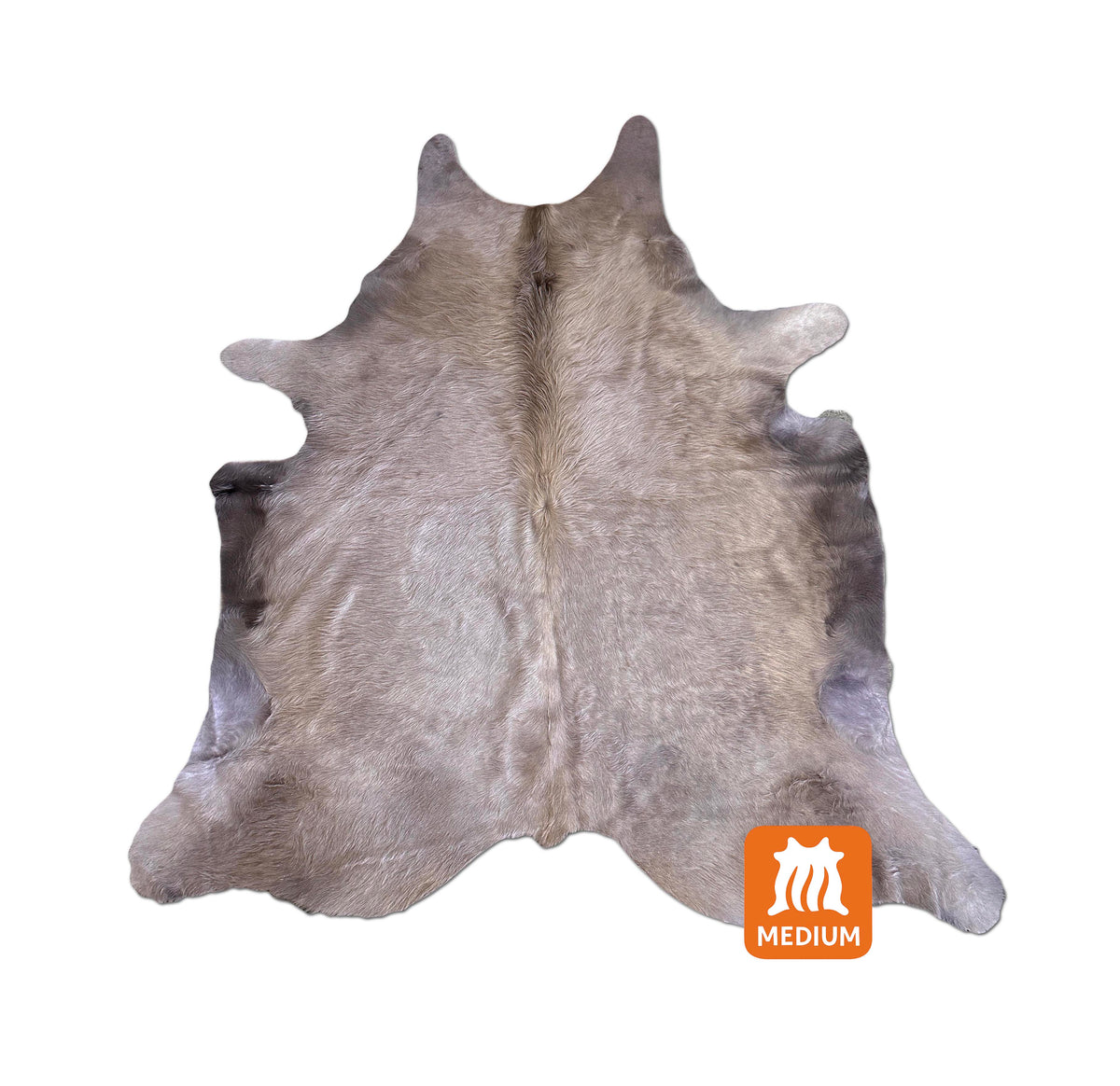Dusty lilac dyed cowhide rug shown overhead, with muted gray-purple tones and a natural irregular outline