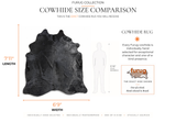 A size comparison graphic for a furug collection cowhide rug, showing a black cowhide rug with dimensions labeled 7'11" in length and 6'9" in width, alongside a human silhouette and a small furug logo on a white background.