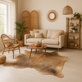Cozy living room with beige sofa, cowhide rug, and wooden coffee table.