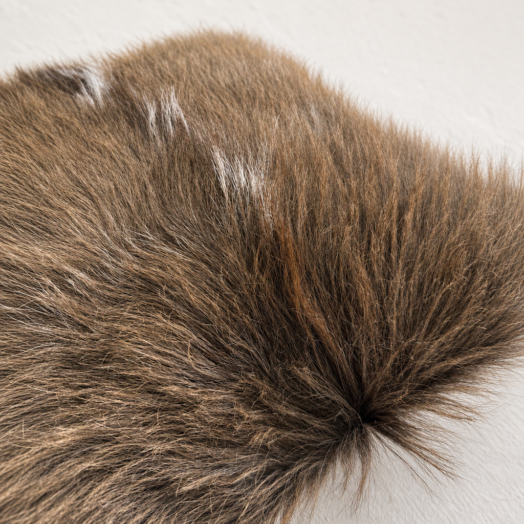 Close-up of genuine kudu hide showing long brown fur and natural white markings